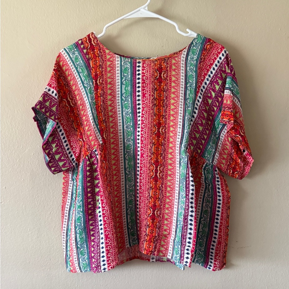 Maeve Anthropologie Tapestry Stripe Boho Boxy Blouse Multi-Color Viscose size XS
